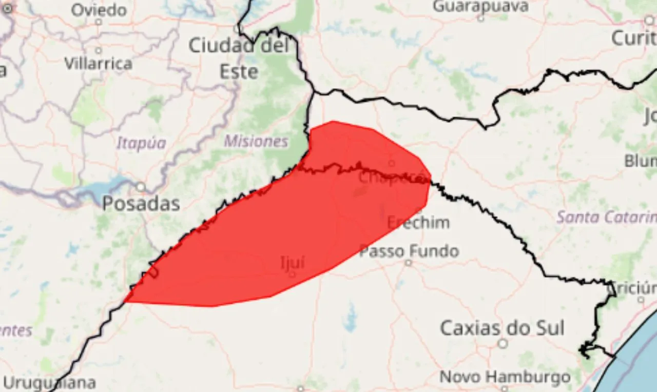O mapa mostra as áreas em alerta tempestade